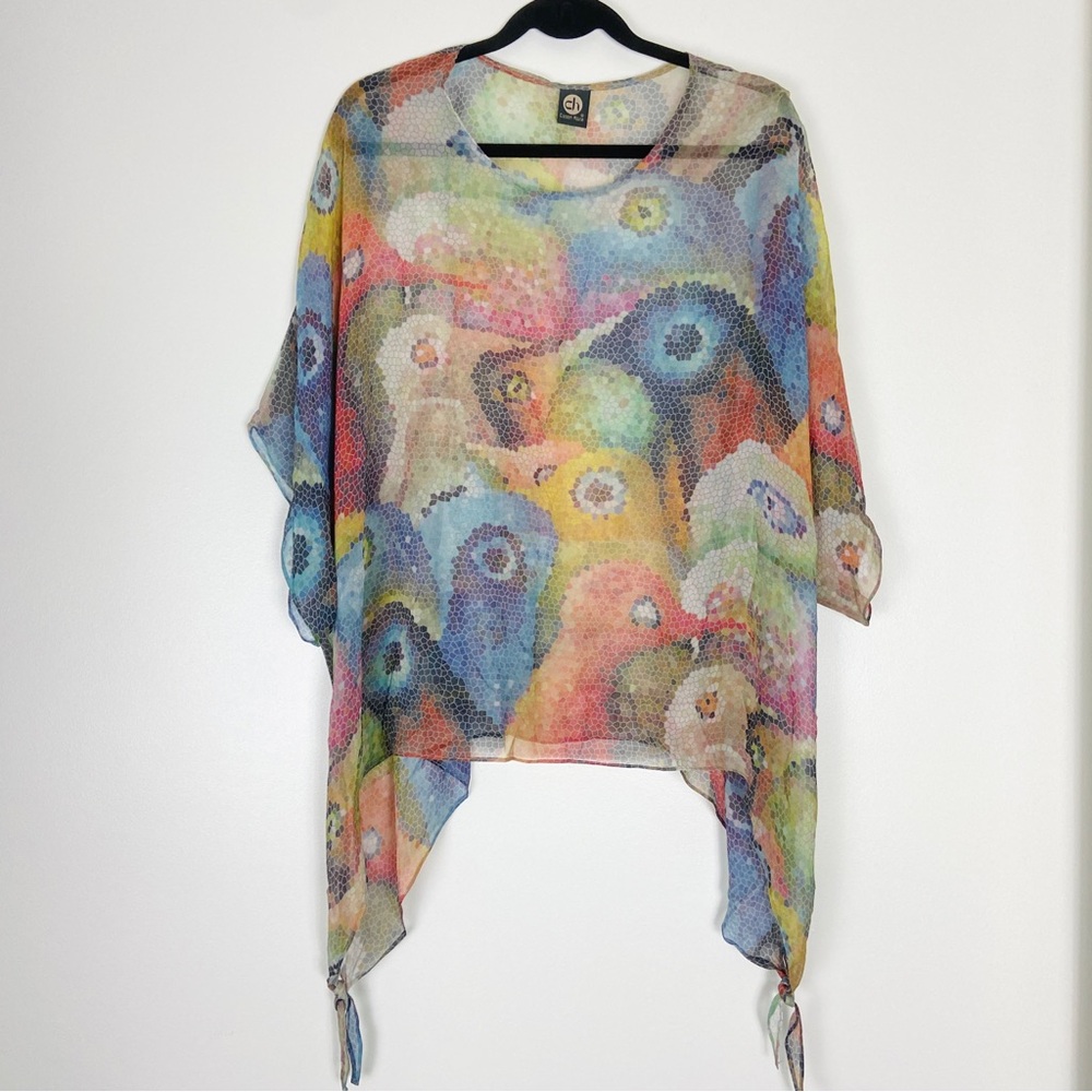 100% Silk  Abstract Art-to-Wear – Boho Feminine Sheer Vacation Summer Top - Picture 2 of 14